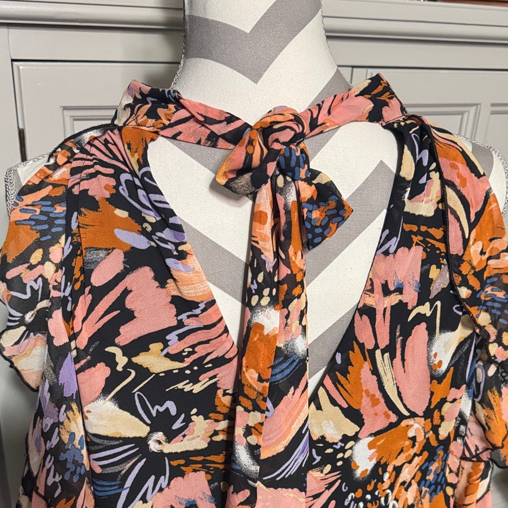 Floral Halter Neck Dress with Open Shoulder Sleeves - Multicolor Size 1X - Picture 9 of 11